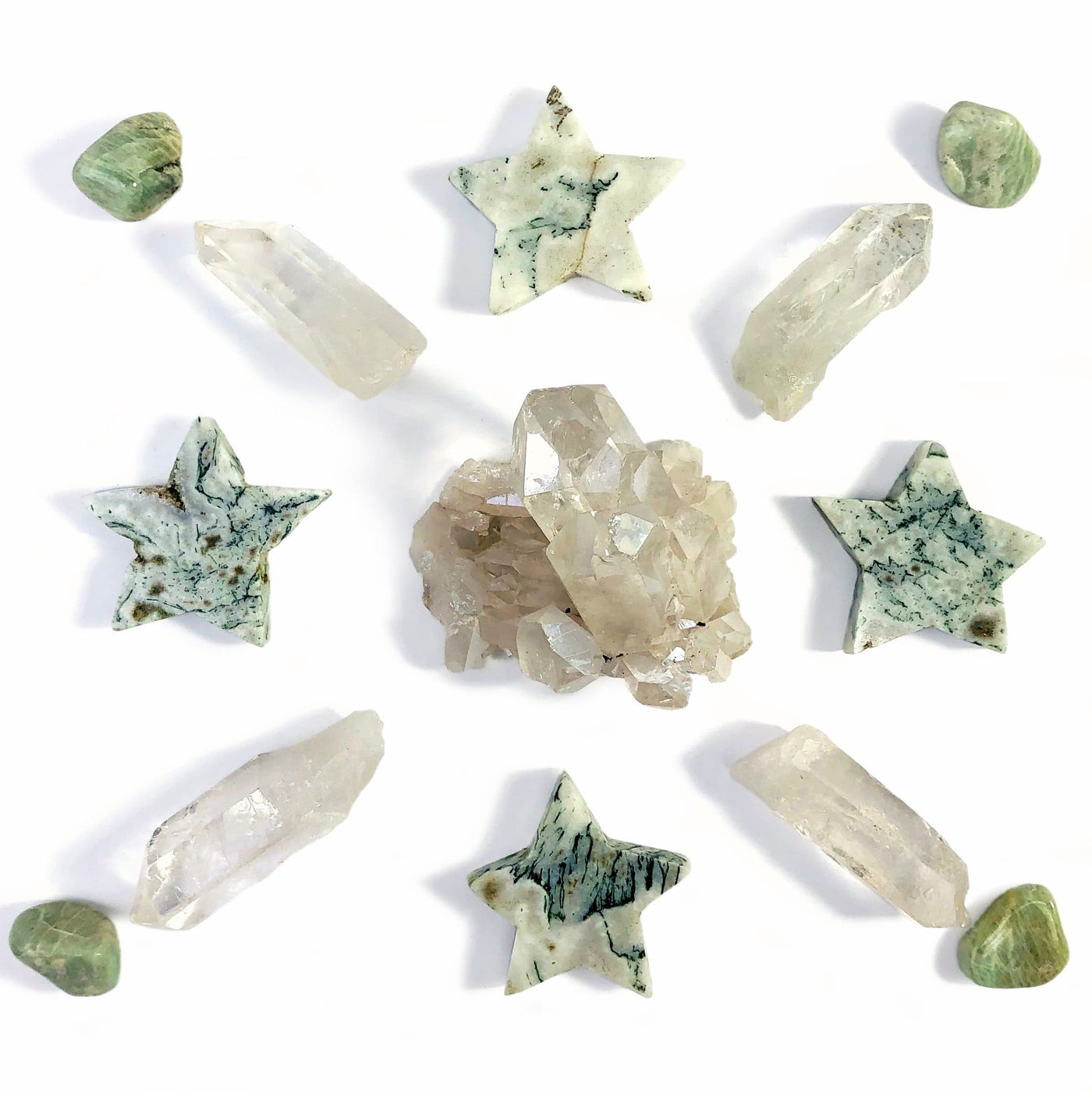 Moss Agate Gemstone Star Shaped Slices in a grid design