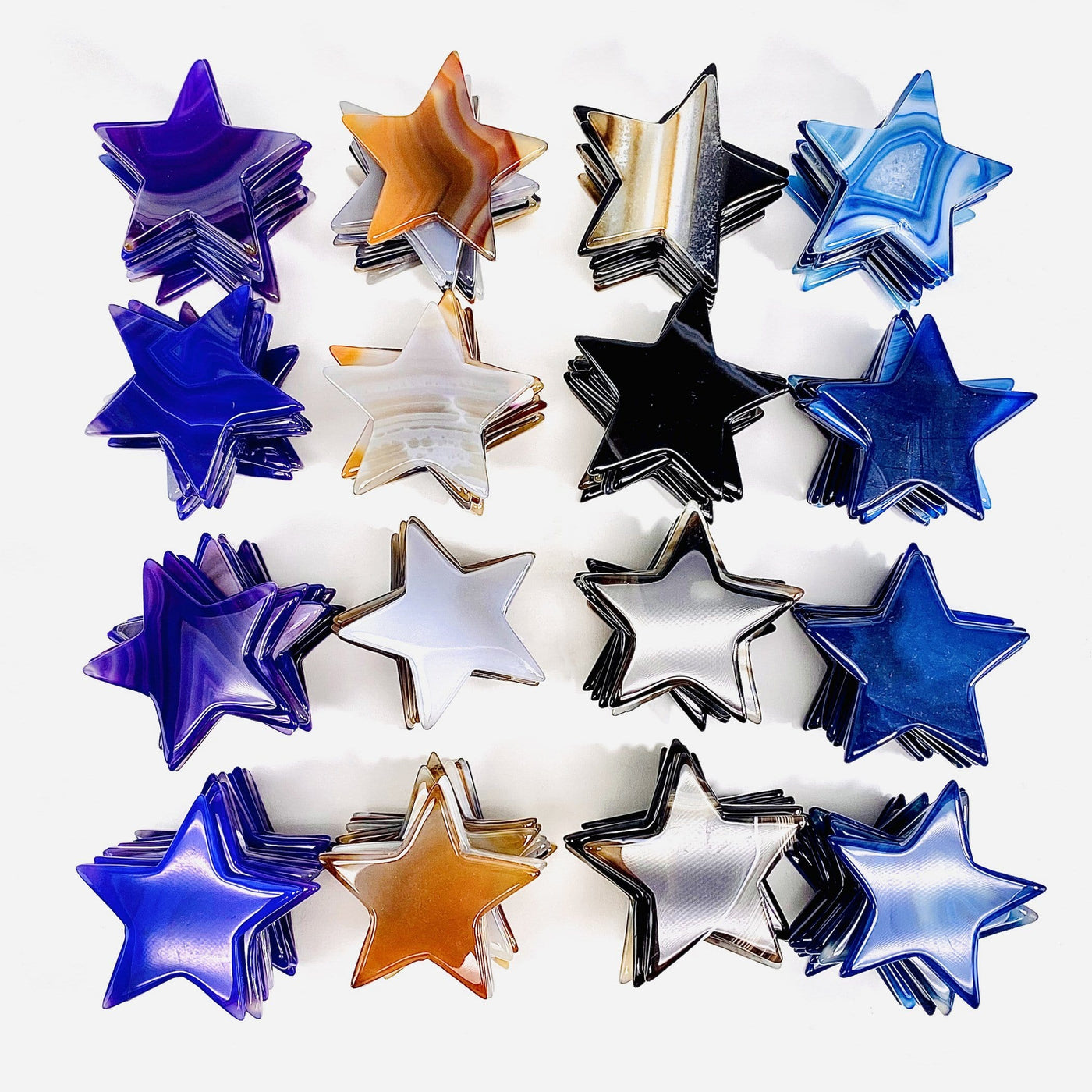 Picture of all the varieties of agate stars we have available. Displayed on a white background.