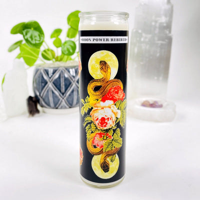 Moon Power/Rebirth Soy Candle with decorations in the background