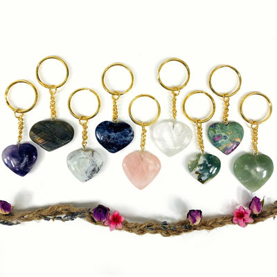 Gemstone Heart Keychains - Variety of Stones - 10 Pack