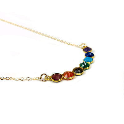 side view of the necklace showing the plated chakra stones 