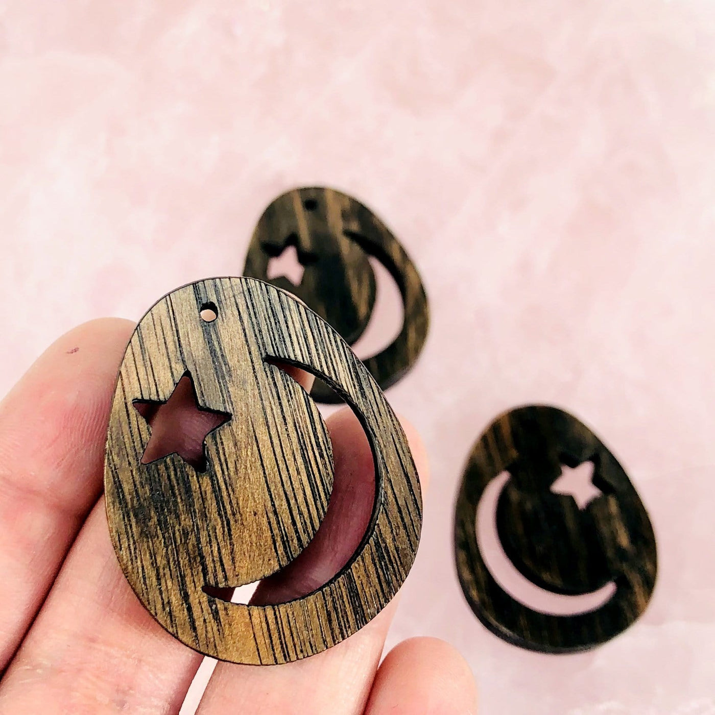 Star and Moon Round Wood Charm Pendant