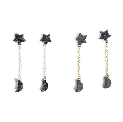 Star and Moon Titanium Druzy Dangling Earrings - 2 pair gold and silver