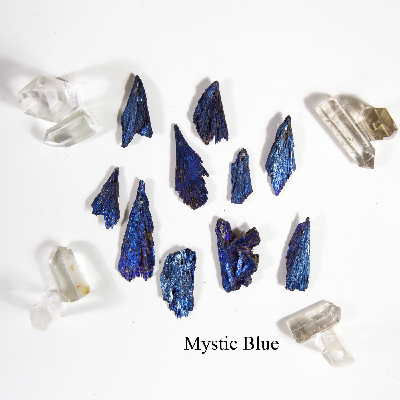 mystic blue titanium treated kyanite blades on white background