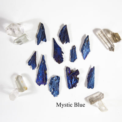 mystic blue titanium treated kyanite blades on white background