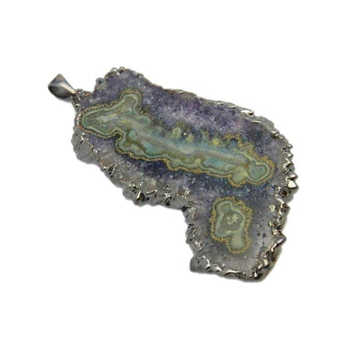 Extra Large Amethyst Stalactite Pendant with Electroplated Gun Metal Edge on white background.