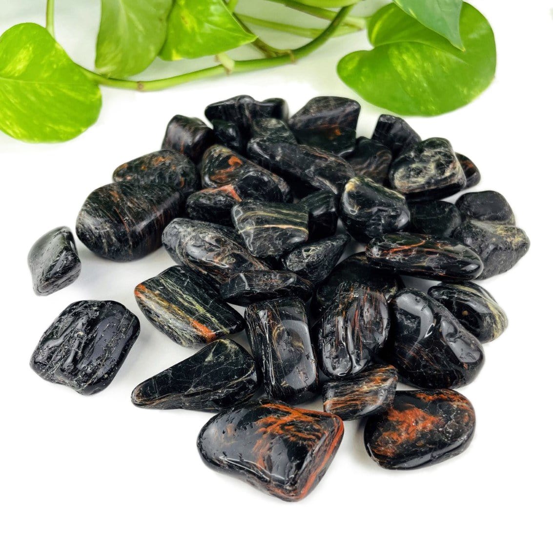 one pound of black tourmaline with red hematite tumbled stones