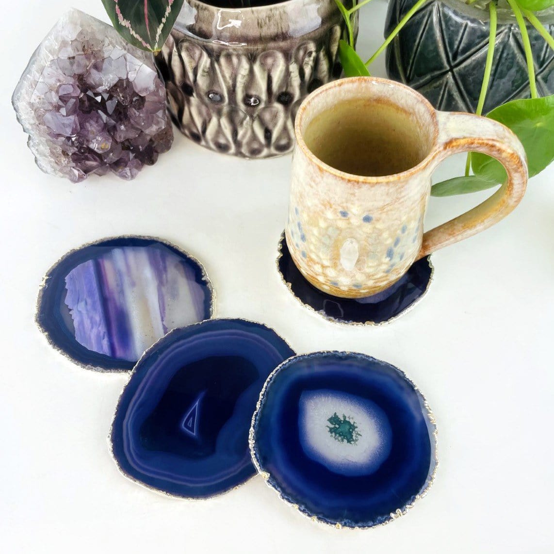 Purple Agate Coasters Set - 24k Gold or Silver Electroplated Edges--front shot view of shape and color shade.