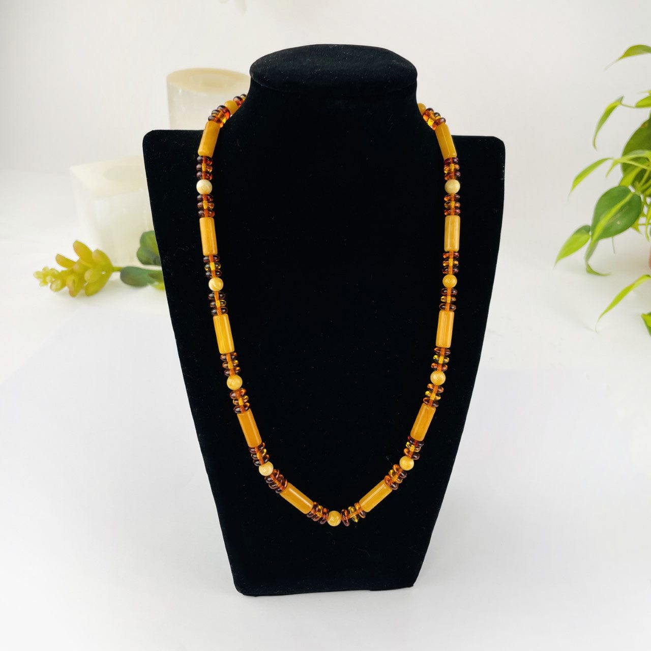 Amber Beaded Necklace with Assorted Beads on a display bust