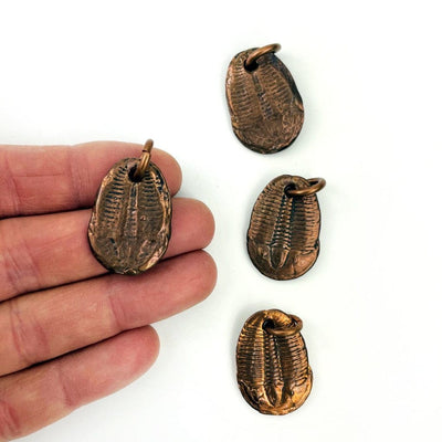 4 Copper Trilobites Pendants with one in a hand for size reference
