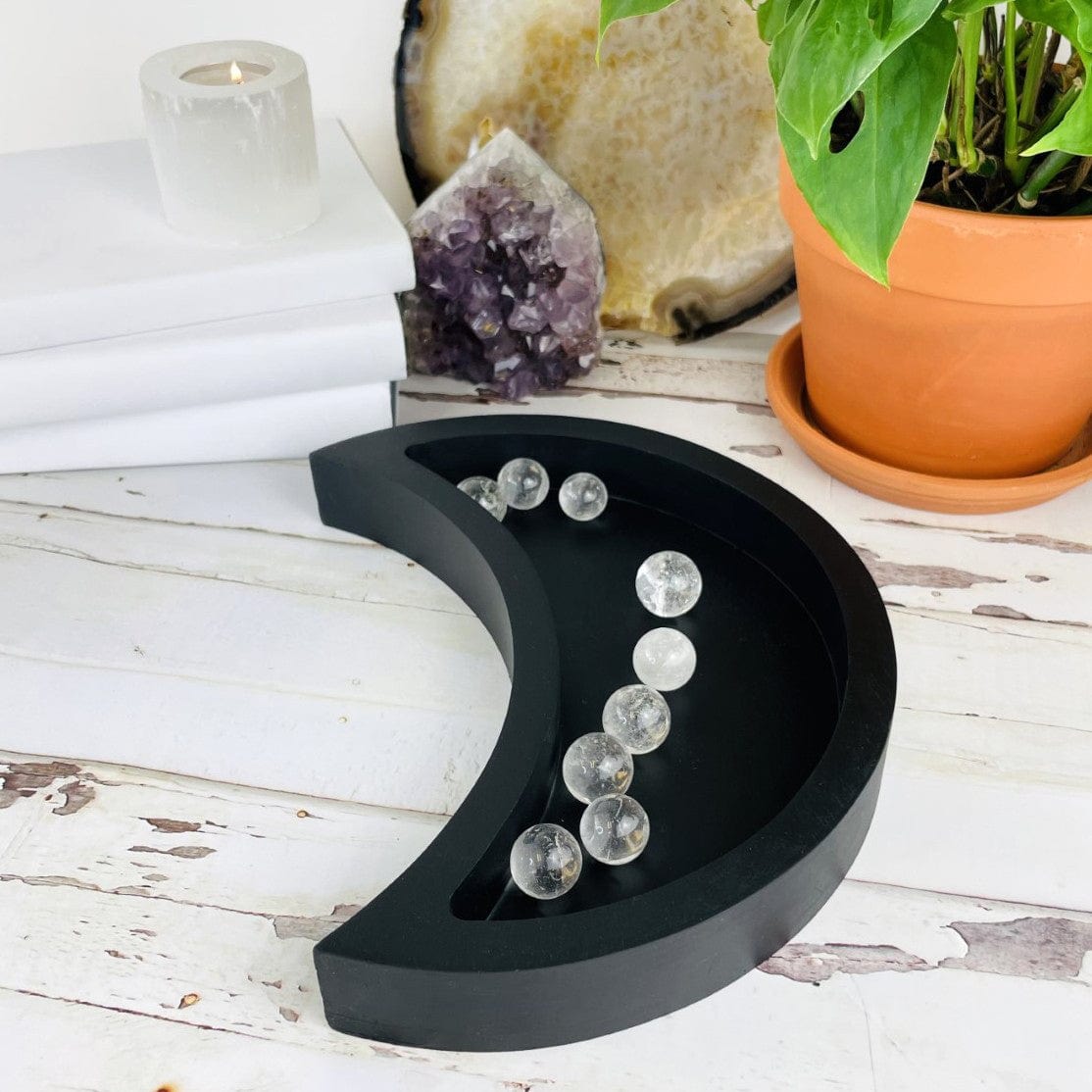Black Crescent Moon Wood Tray displayed with a few crystal spheres for idea on how to use it