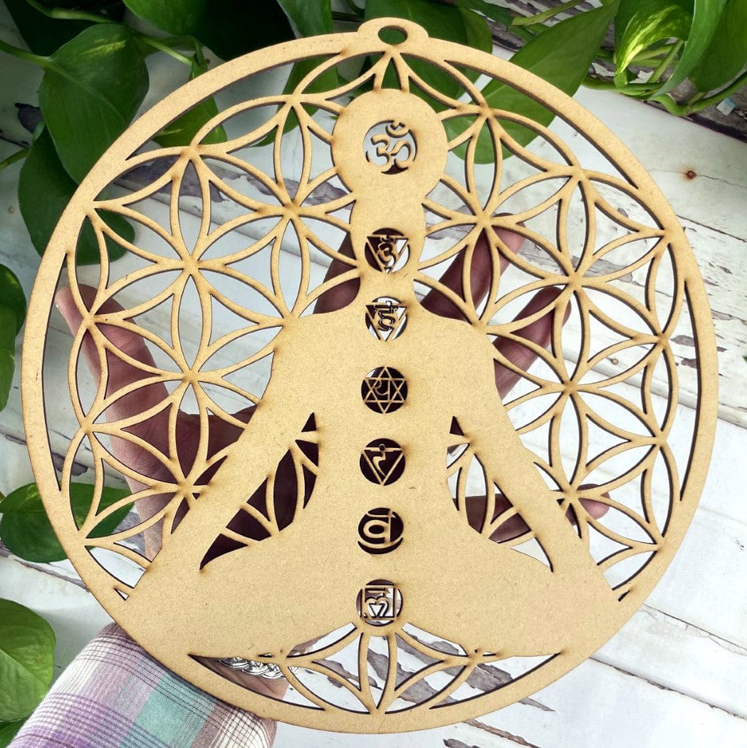 Wood Crystal Grid - Flower of Life with Buddah and 7 Chakra (RK15-31)