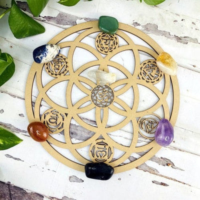 close up of the round wooden seed of life grid with chakras and tumbled stones set up