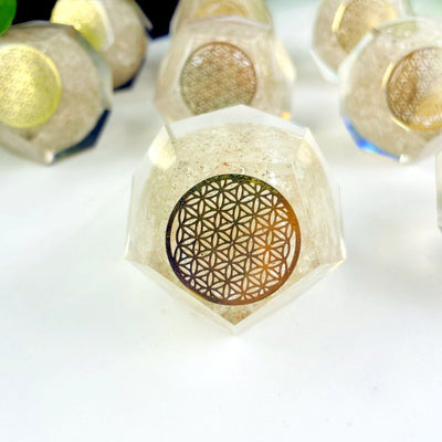 Orgone Energy - Crystal Quartz with Gold Flower of Life Grid - Dodecahedron shaped close up