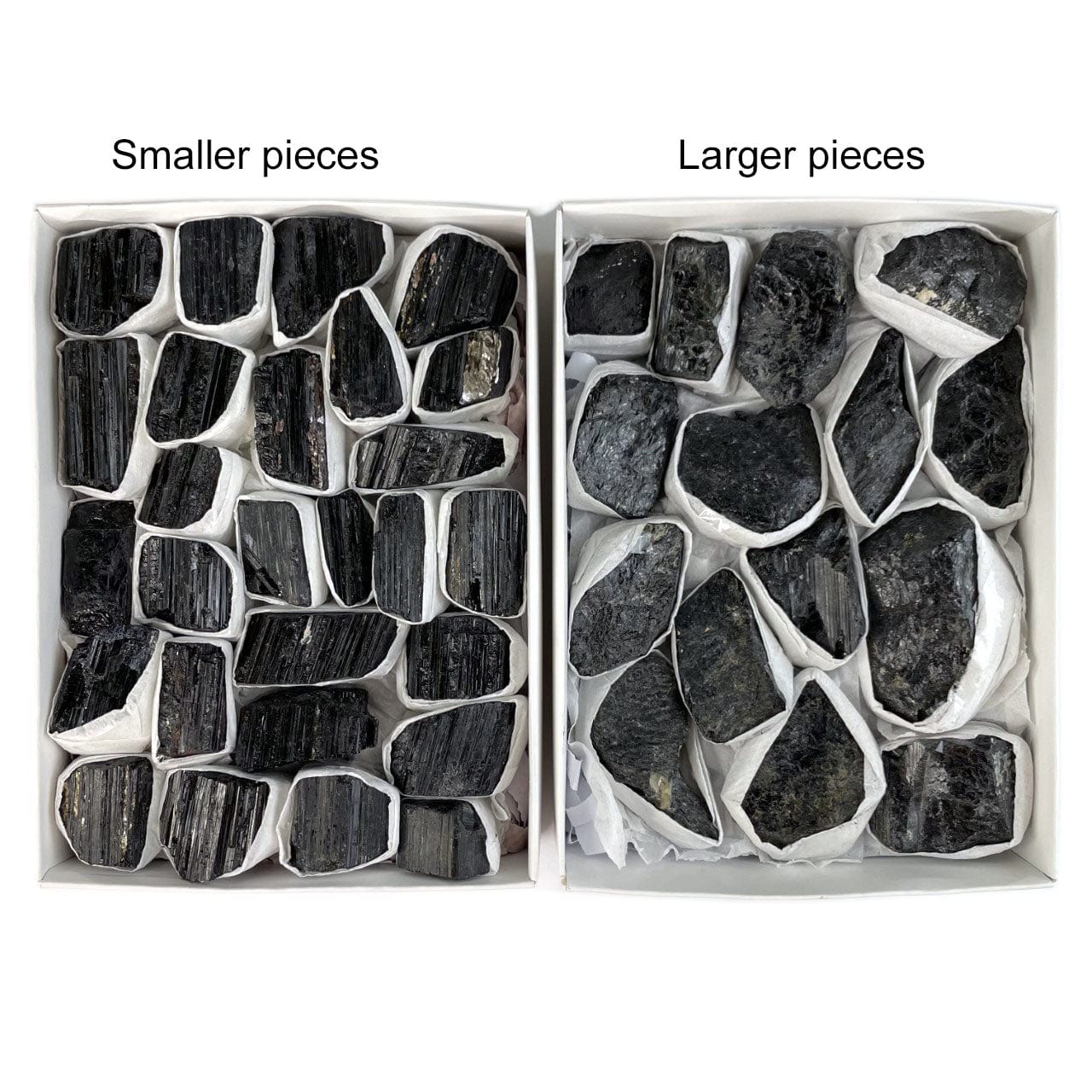 Black Tourmaline in a Box showing smaller and larger pieces