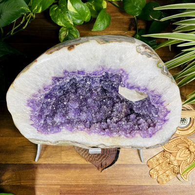 Amethyst Cluster with Calcite Chunk on Metal Stand view from the top