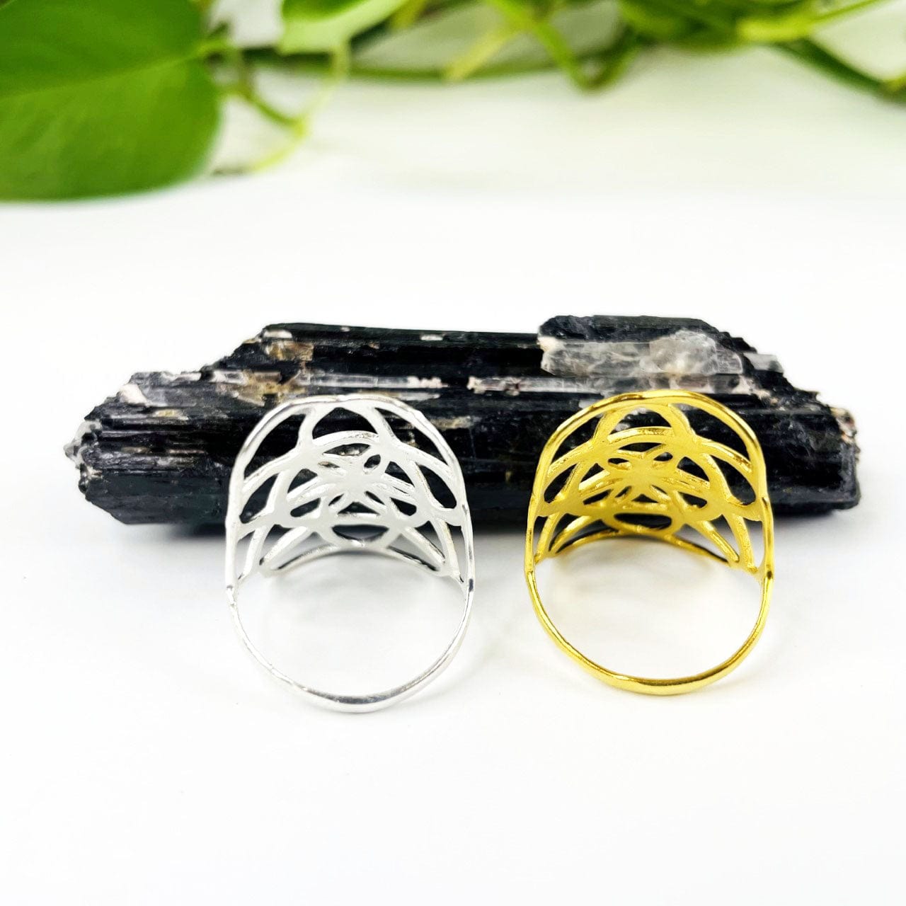 Back view of Seed of Life Ring in gold and silver