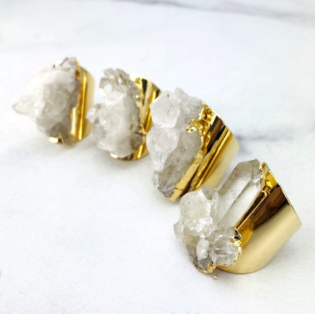 side view of Multiple Crystal Cluster Ring with 24k Gold Electroplated Band for thickness reference
