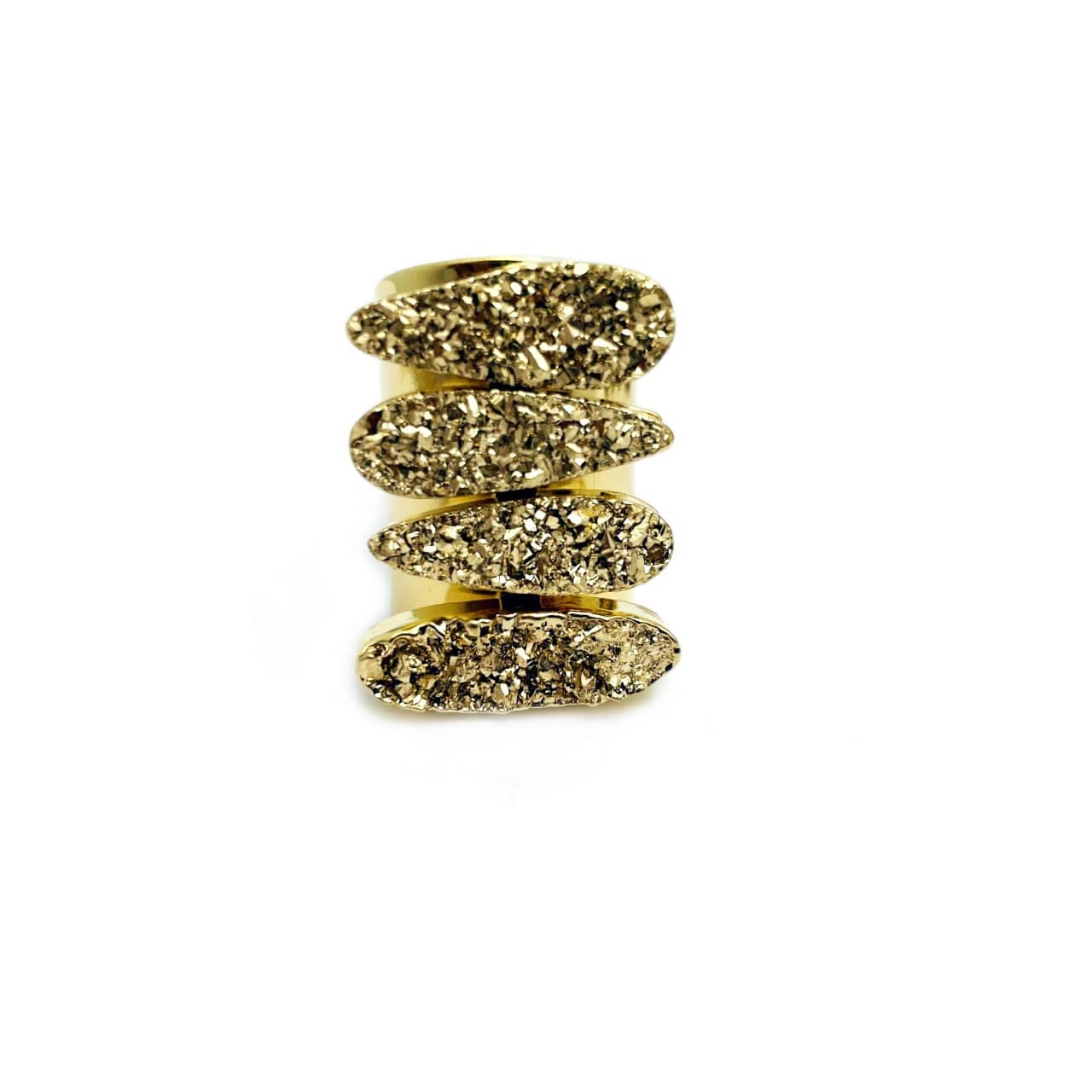 View of the Gold Titanium Adjustable Teardrop Druzy Ring with Electroplated 24k Gold Adjustable Cigar Band
