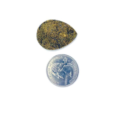 gold titanium teardrop druzy cabochon next to a quarter for size reference on white background