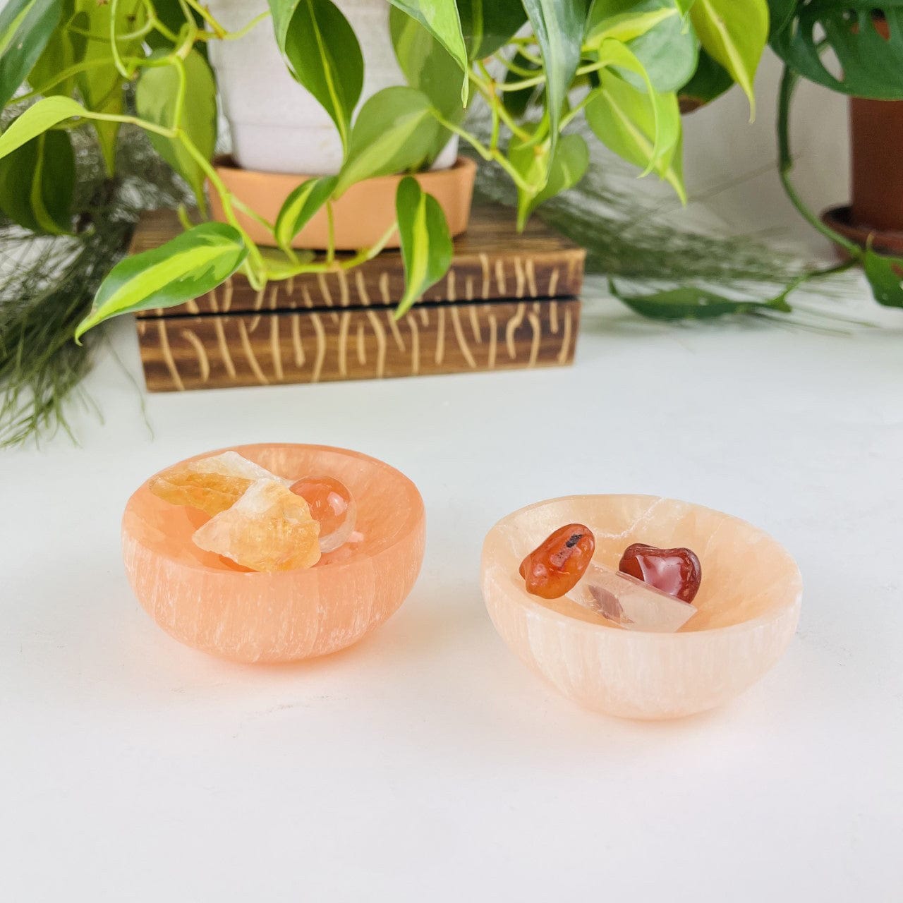 2 Orange Selenite Bowls showing from side view with small stones in the bowls