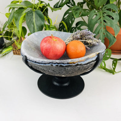 Polished Agate Dish on Metal Spinning Base on display with fruit inside