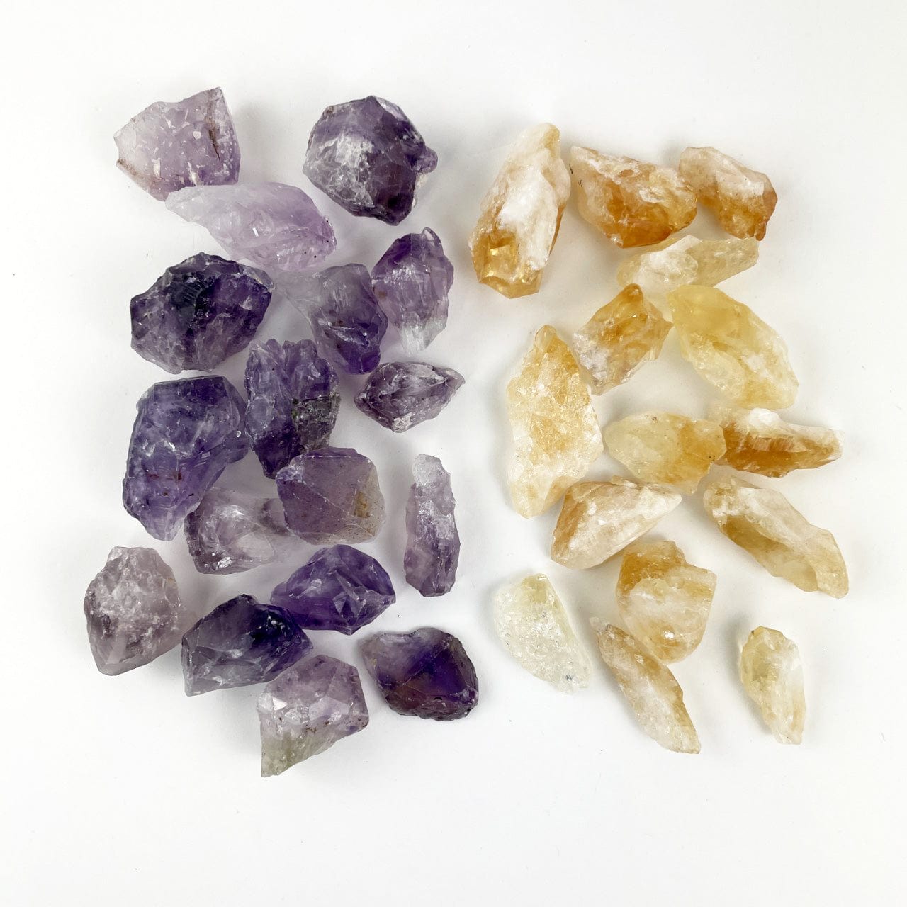 Amethyst and Citrine (Golden Amethyst)  Pieces on a table