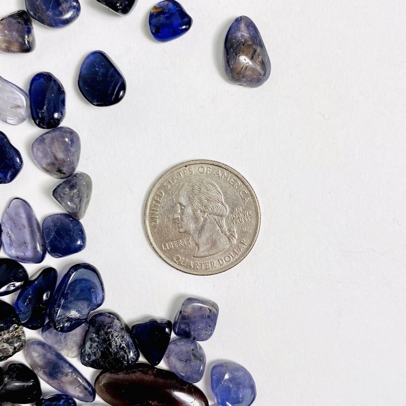 1lb Bag of Iolite Chips shown next to a quarter for size reference