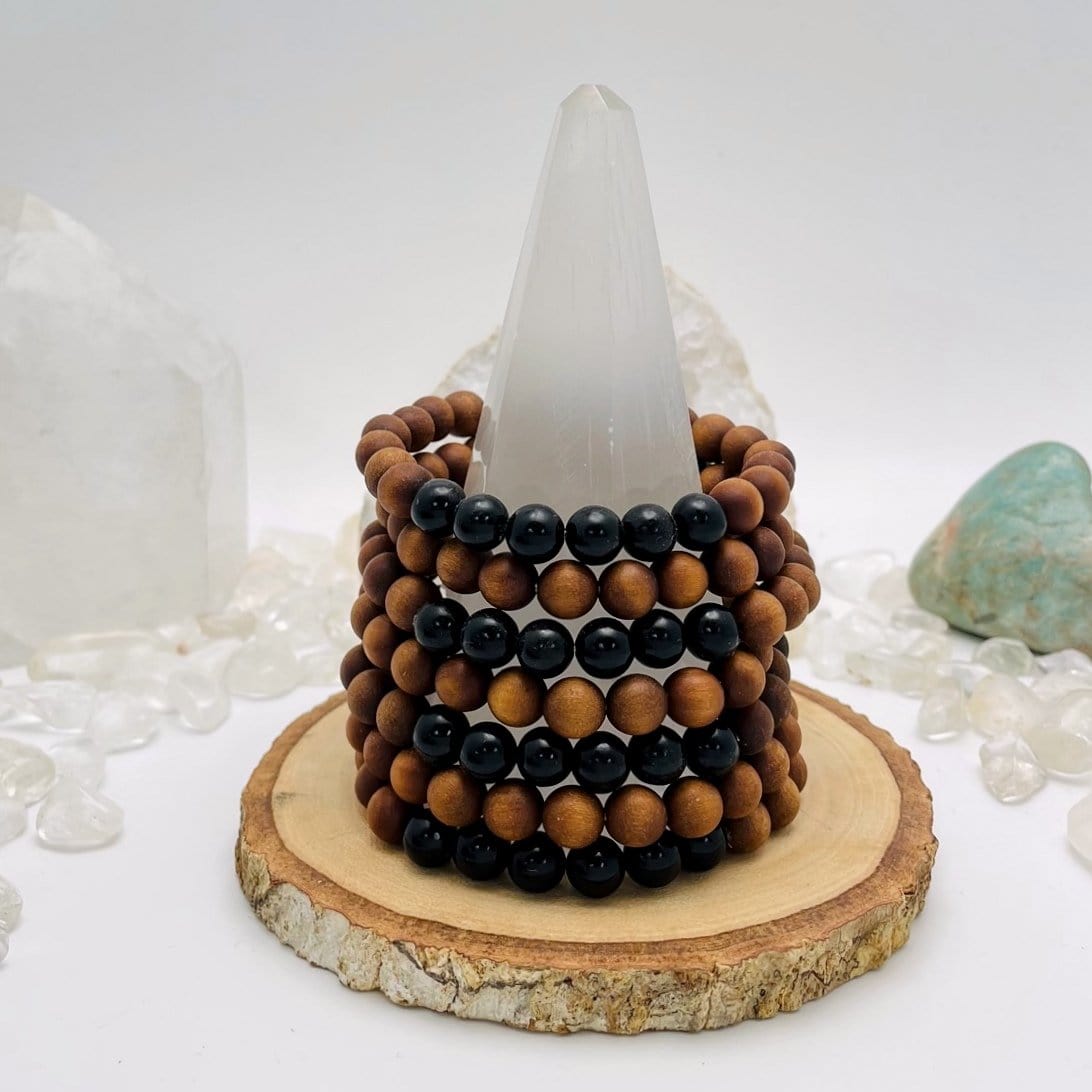 sandalwood bead bracelets with black obsidian pm display