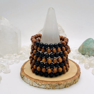 sandalwood bead bracelets with black obsidian pm display