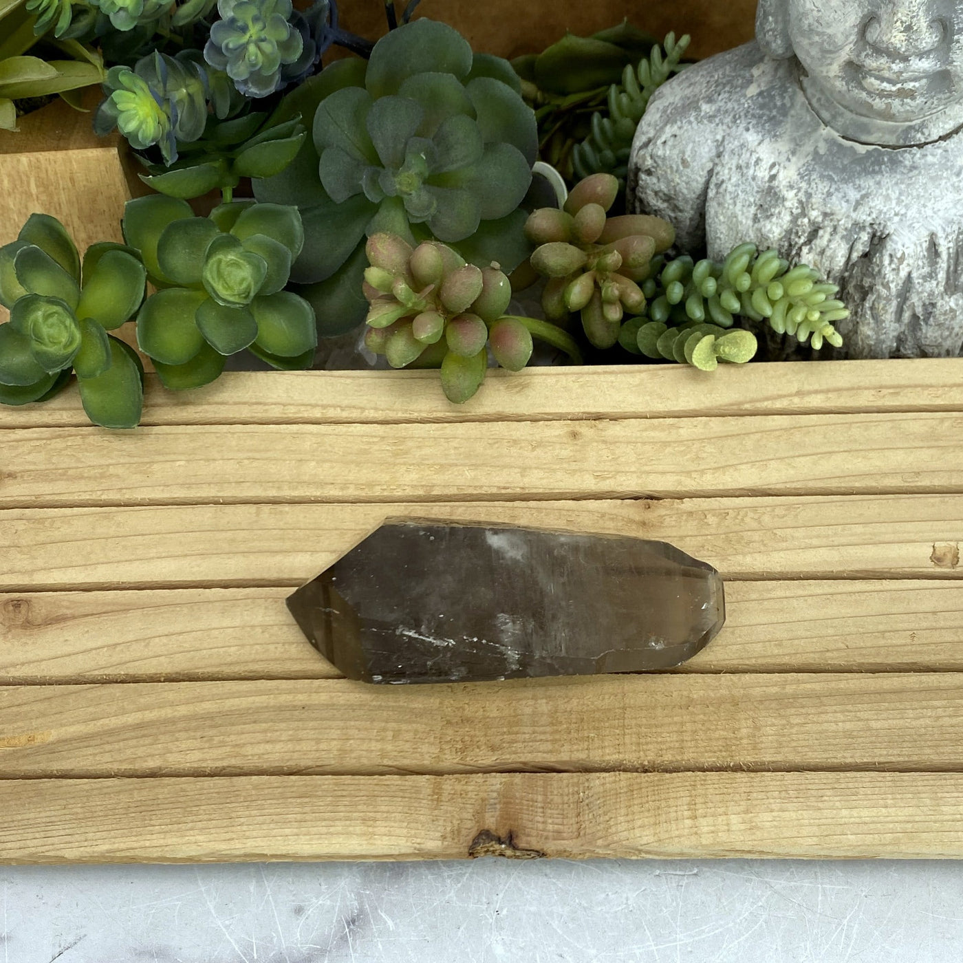overhead view of smokey quartz natural point with backdrop of plants