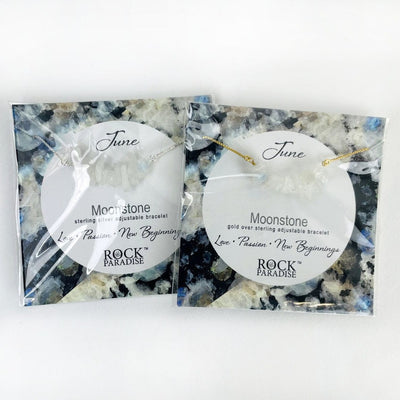 2 Moonstone Stone Bracelets - June Birthstone - Gold over Sterling or Sterling Silver Adjustable Length in their packaging