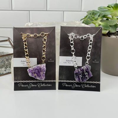 Power Stone Crystal Necklaces come in gold or silver. available in amethyst 