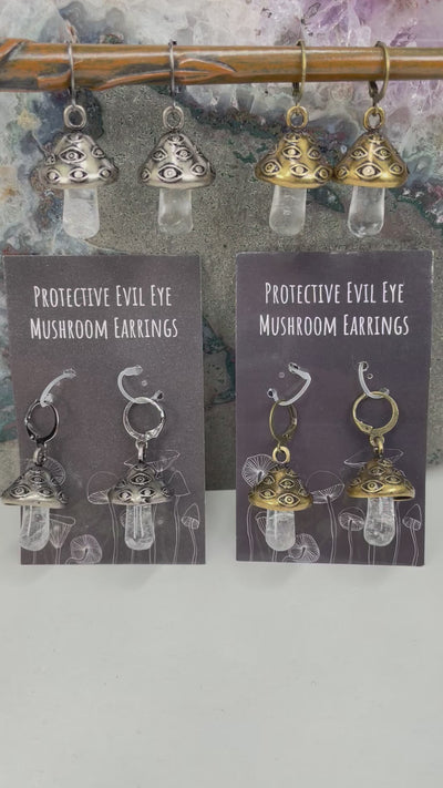 Crystal Quartz Evil Eye Mushroom Earrings