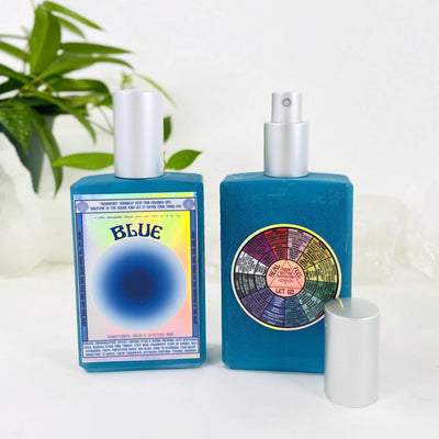 2 bottles of Gemstone Mist - Blue Vibrational Color one showing front and one showing the back of bottle