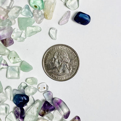 fluorite chips in green purple and blue on a white background with a quarter for sizing to show they are a few mm