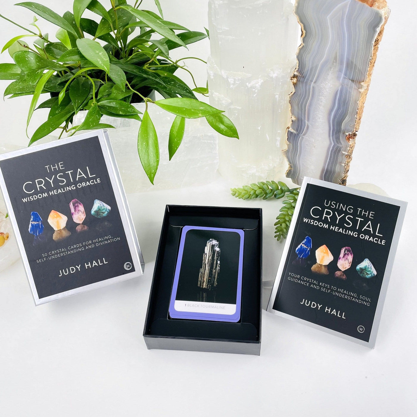 The Crystal Wisdom Healing Oracle by Judy Hall  box opened to show the card 