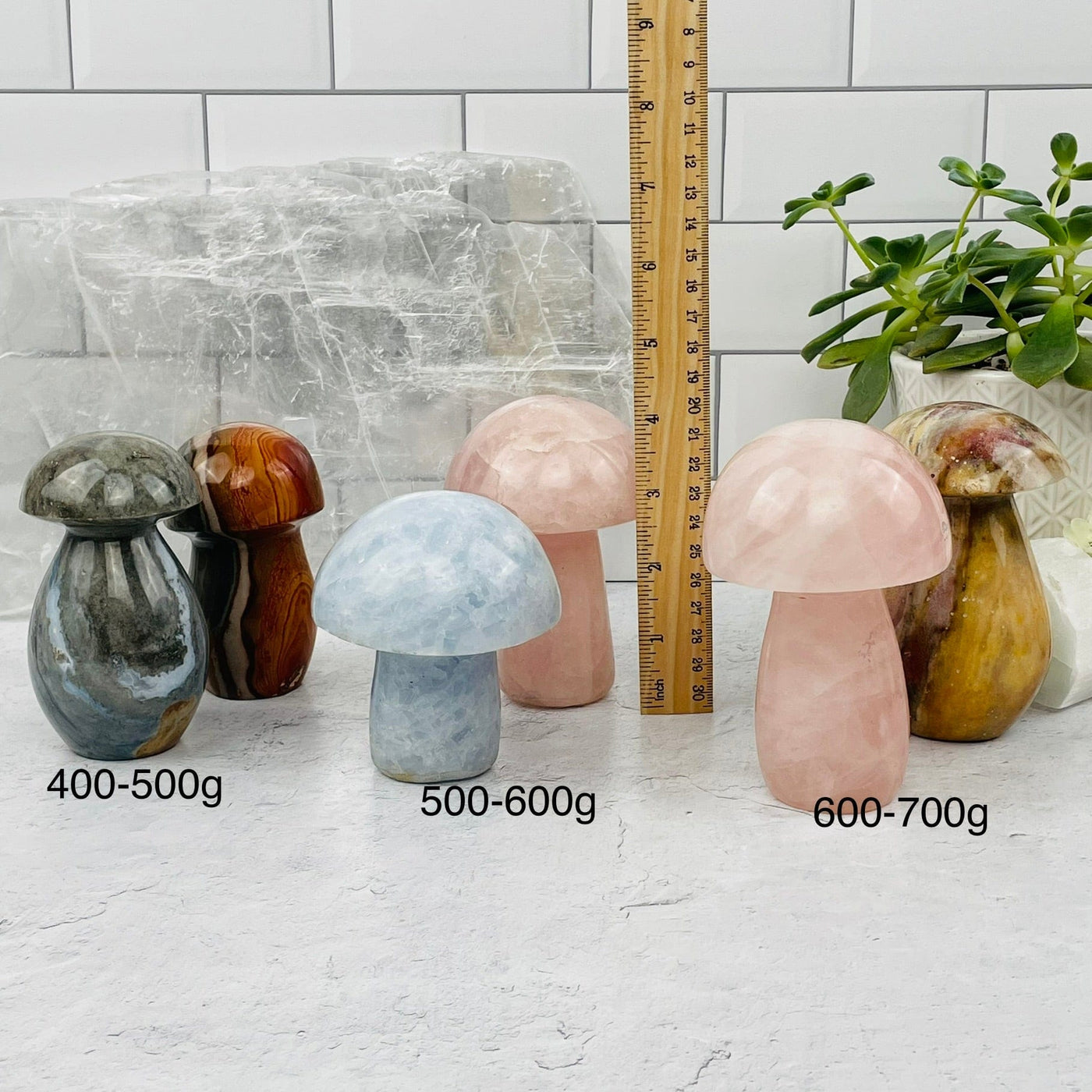 Gemstone Mushrooms - You Choose Weight and Stone - next to a ruler for size reference