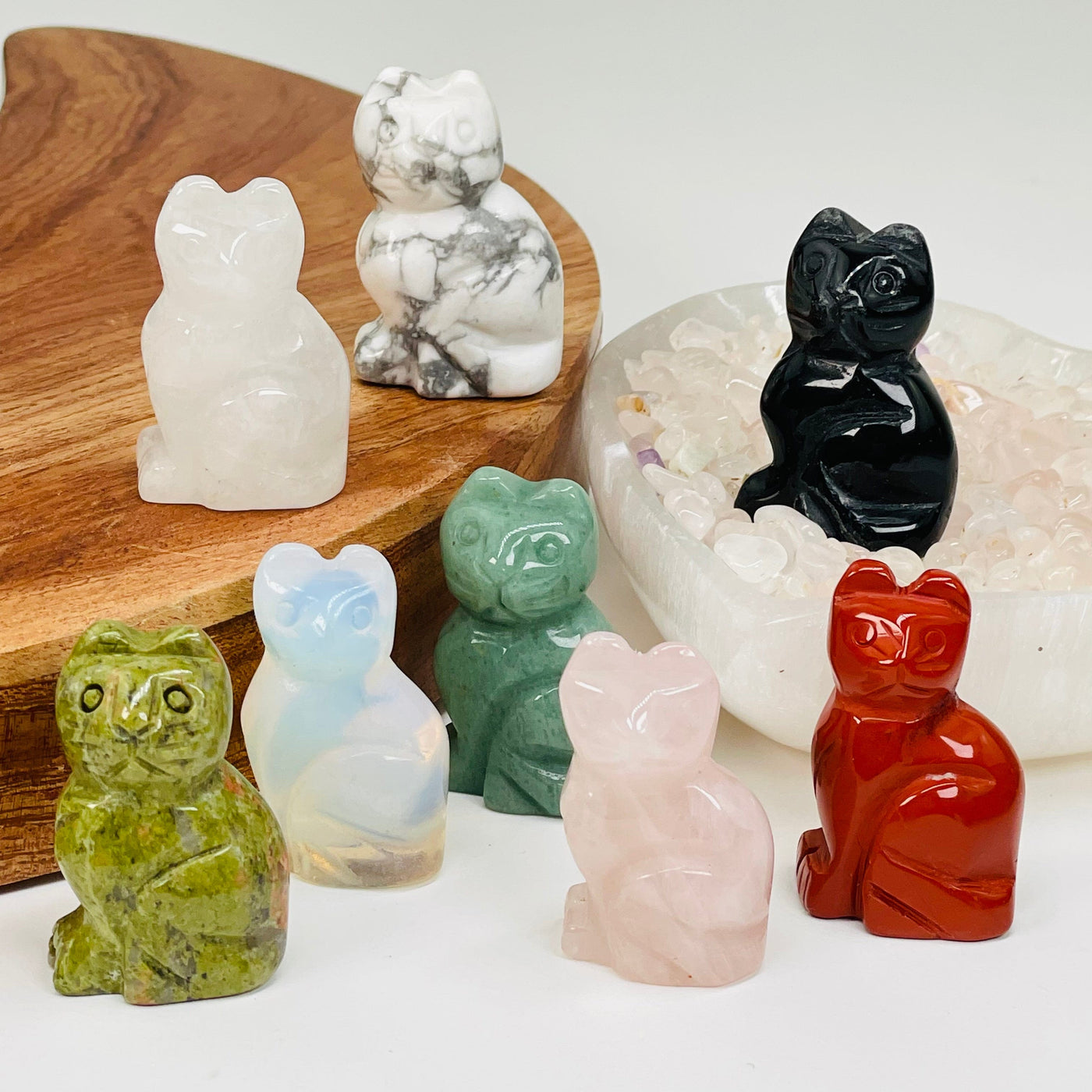 gemstone cats displayed as home decor 