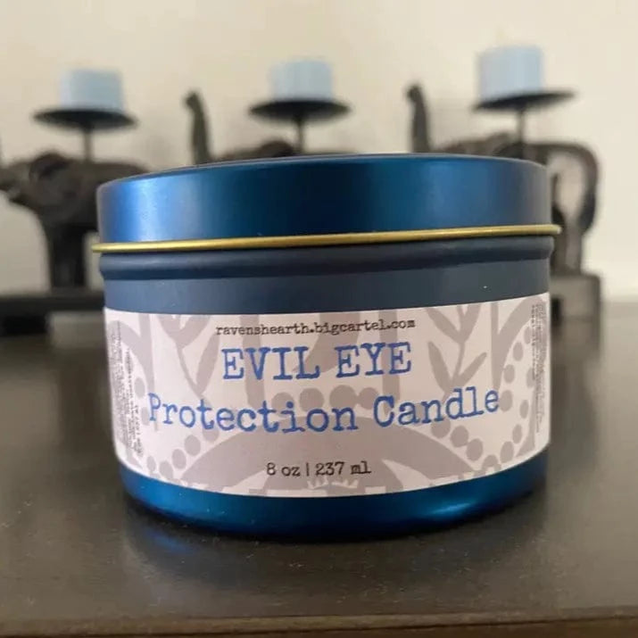 EVIL EYE 🧿 PROTECTION CANDLE - view of closed candle tin showing label 