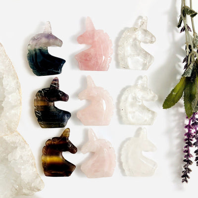 9 Assorted Gemstones Unicorn Head Crystal Carvings