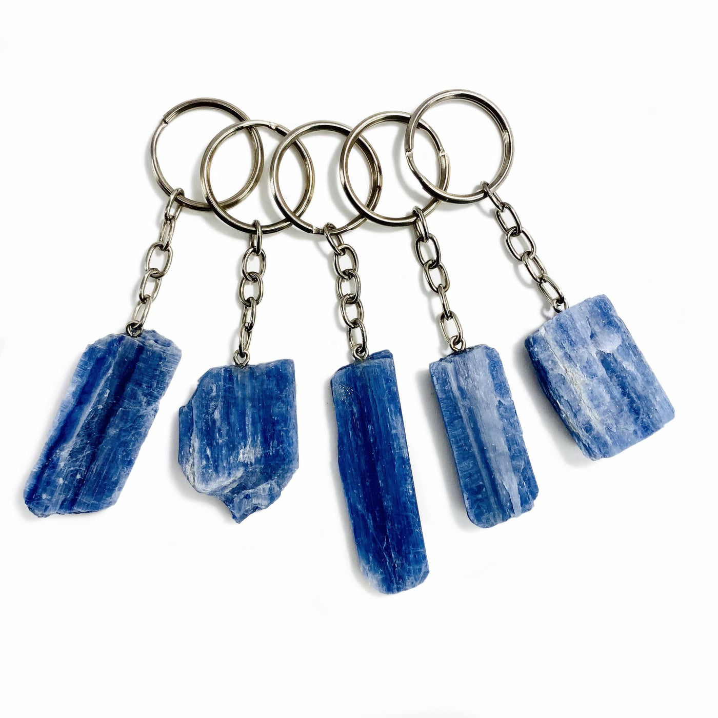 multiple Blue Kyanite Silver Toned Key Chain displayed to show various shapes sizes and color