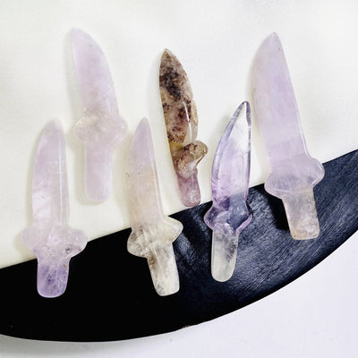 6 amethyst Crystal Gemstone Knife Cabochons showing color variations