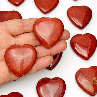 Hand holding up 2 Red Jasper Heart Shaped Stones with others on white background