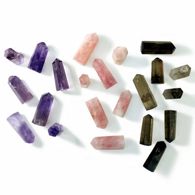 amethyst rose quartz smoky quartz displayed on white background to show color variations