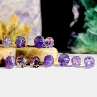 many amethyst skulls on display for possible variations