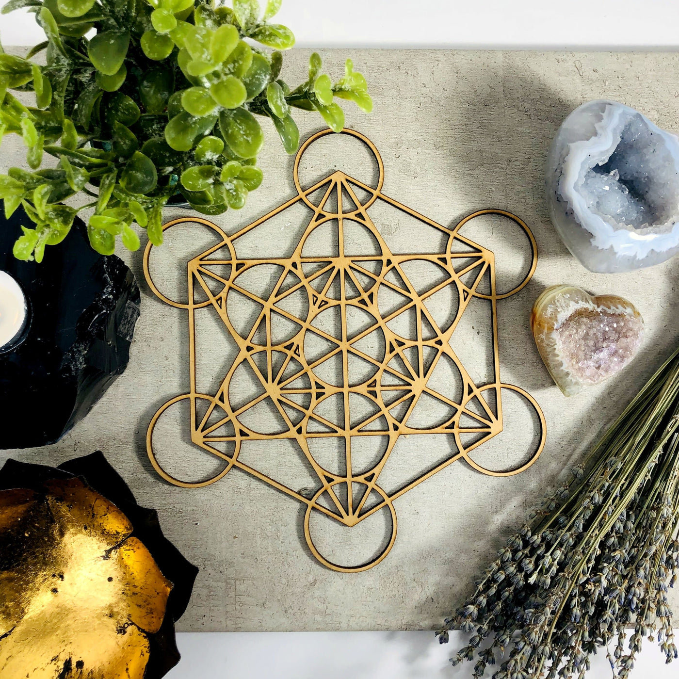 Metatron's Cube Wooden Grid displayed on grey background