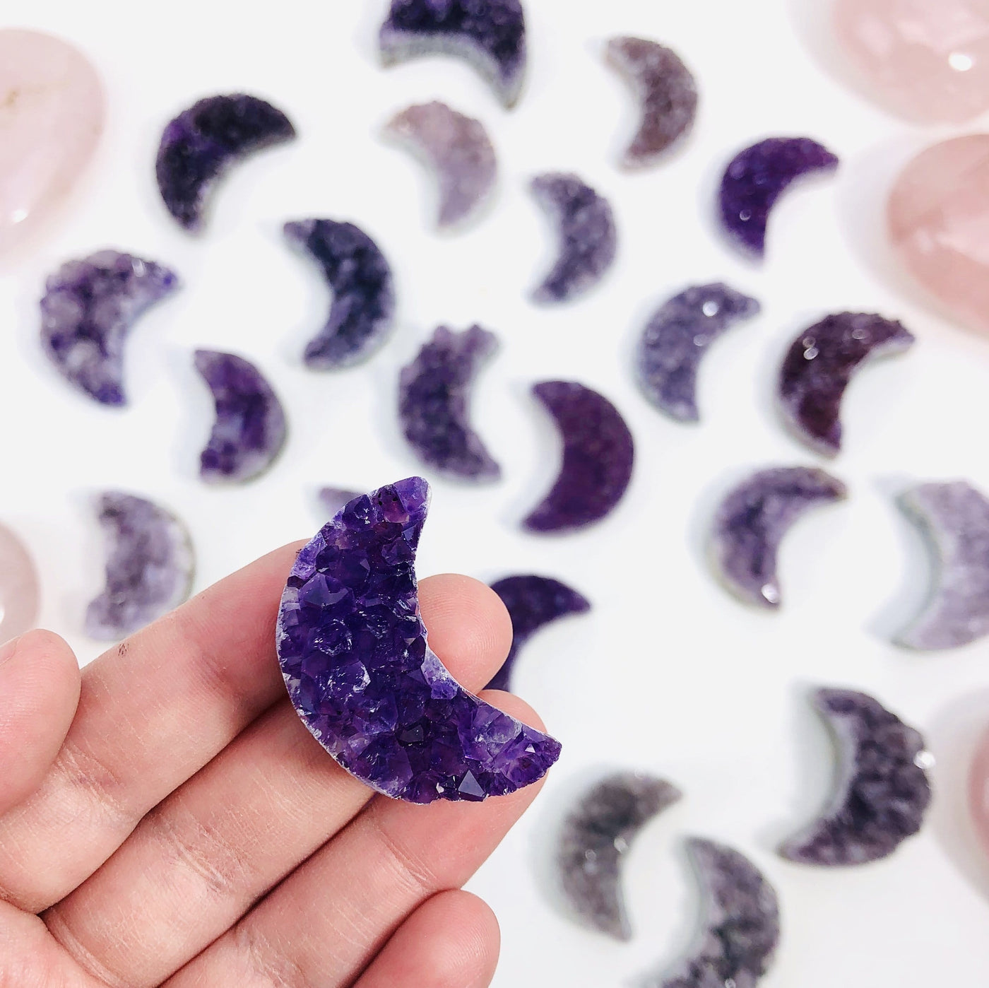Amethyst Druzy Moon Crescent UNDRILLED Cabochon in hand for size reference
