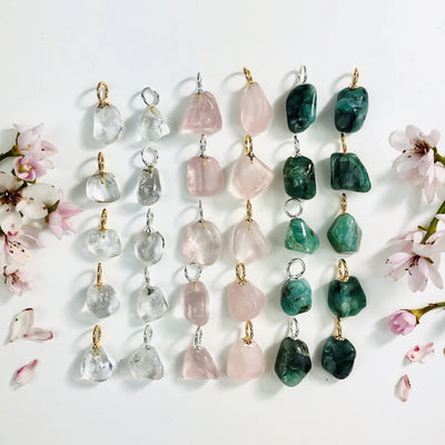 gemstone pendants available in crystal quartz rose quartz emerald bail is electroplated in silver and gold style