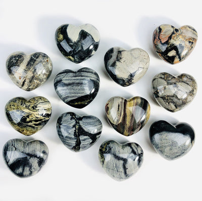 many silver leaf heart stones on white background for possible variations